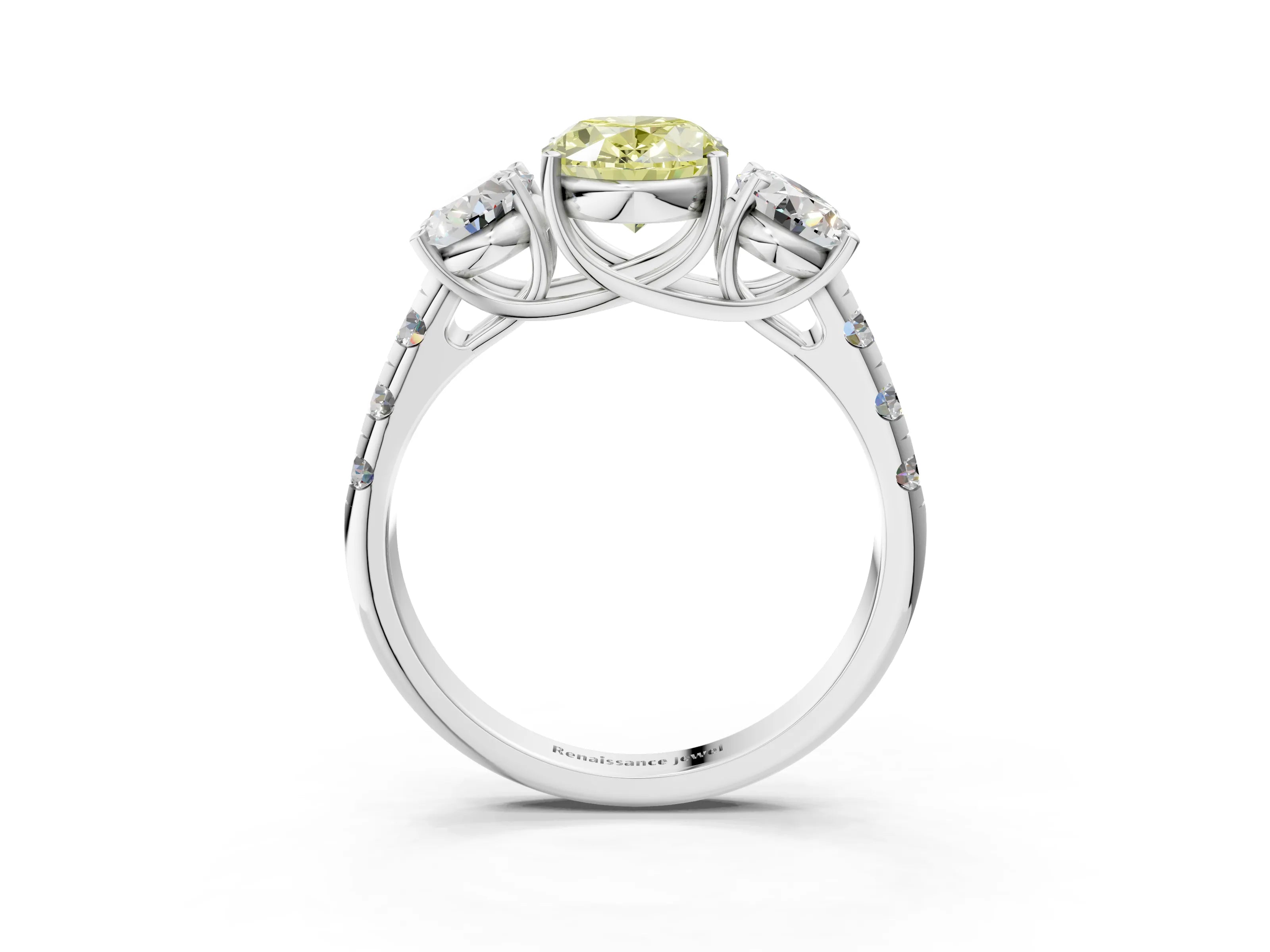 White gold Three-Stone Fancy Yellow Oval Cut Diamond Pavé Band with Prong Setting_3