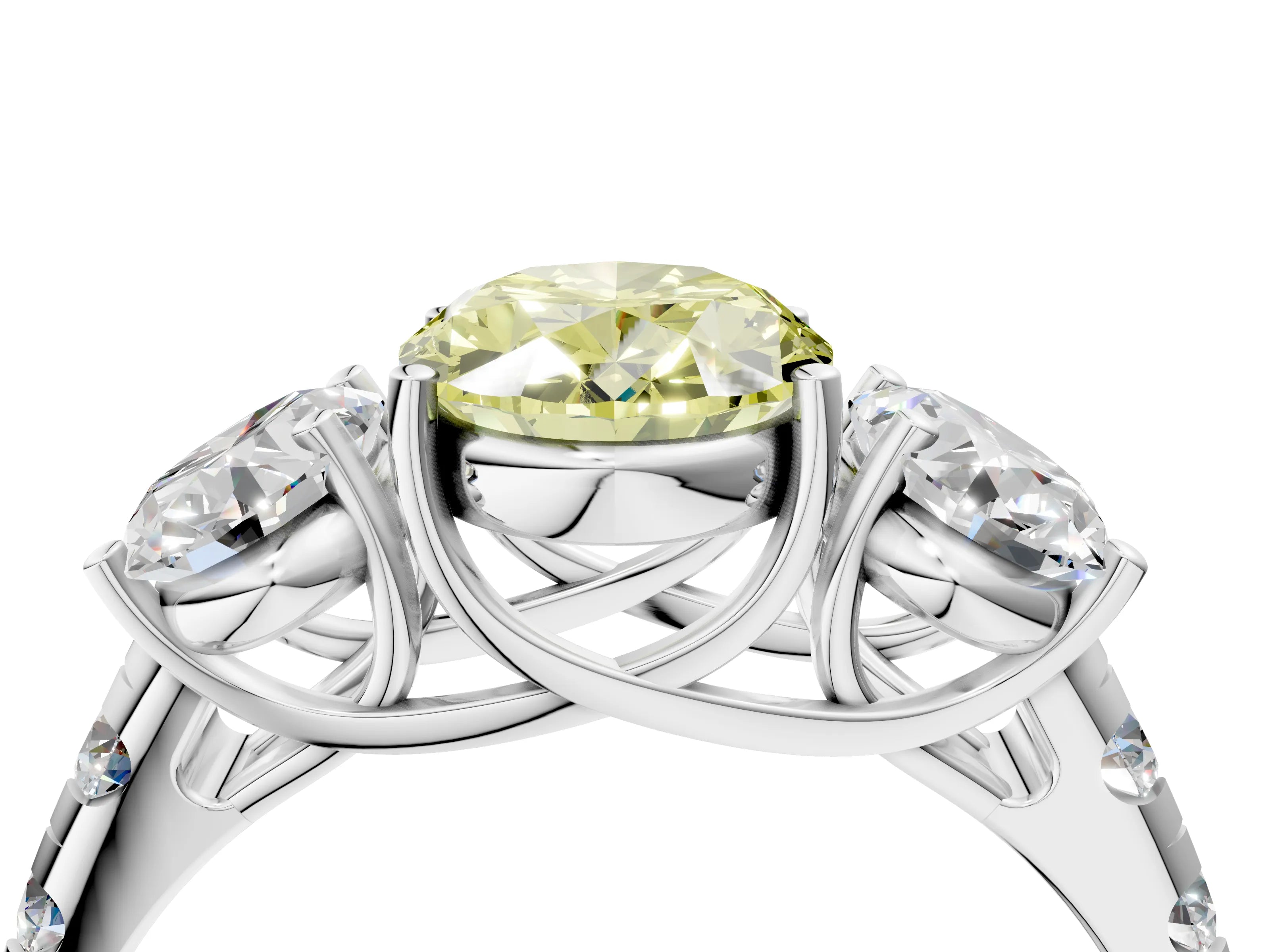White gold Three-Stone Fancy Yellow Oval Cut Diamond Pavé Band with Prong Setting_4