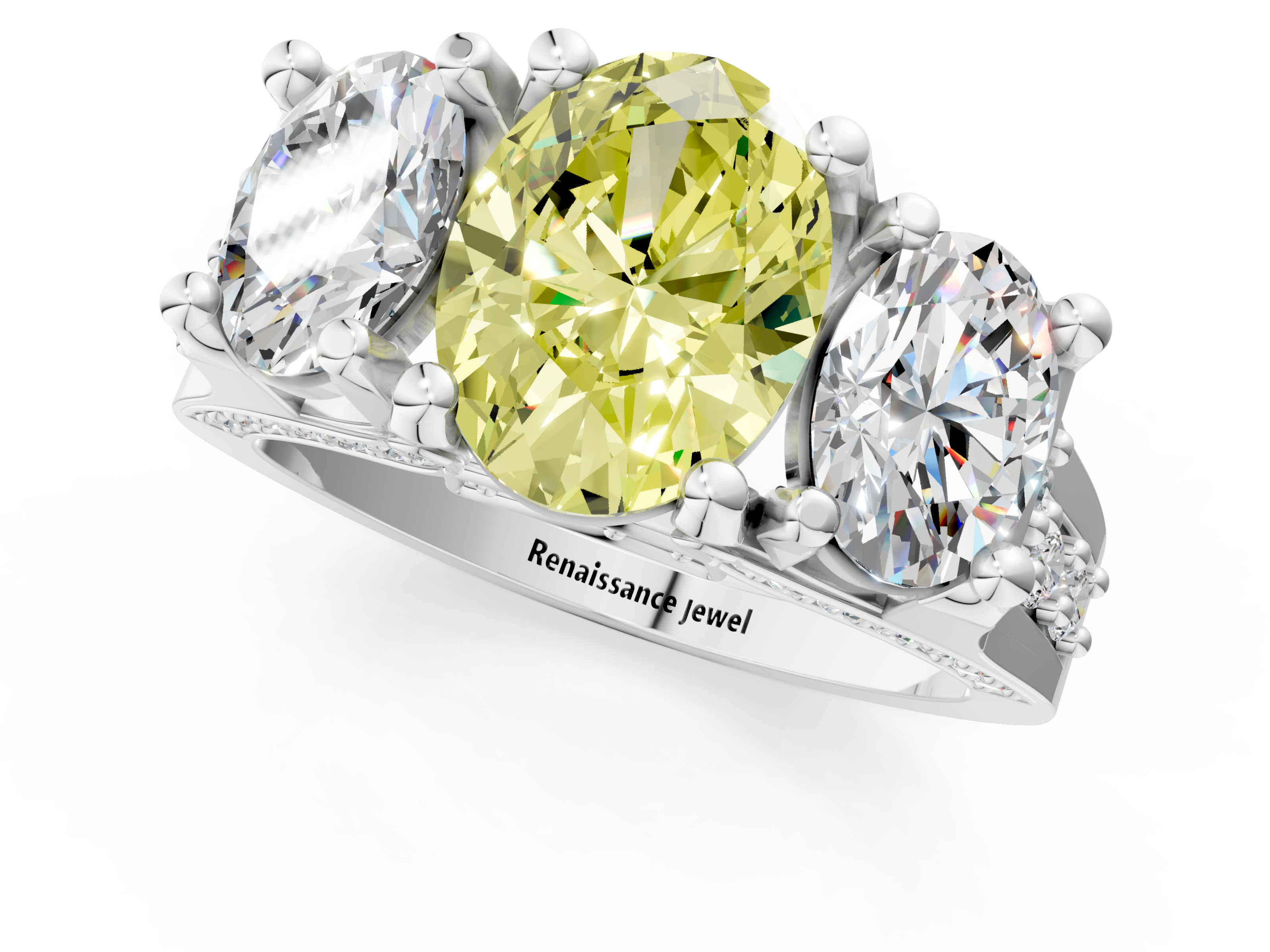 White gold Three-Stone Fancy Yellow Oval  Cut Diamond Ring with Channel-Set Band and Four-Prong Setting_50
