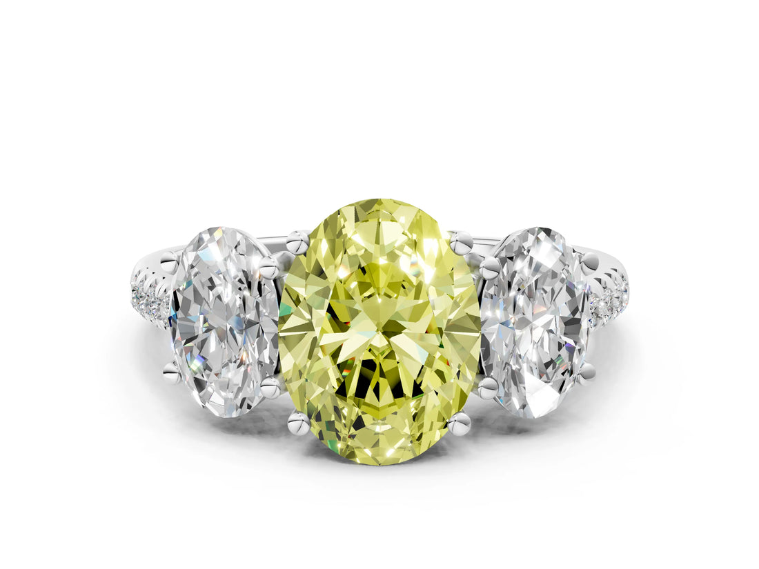 White gold Three-Stone Fancy Yellow Oval Cut Diamond Ring with Pavé Band and Prong Setting_146