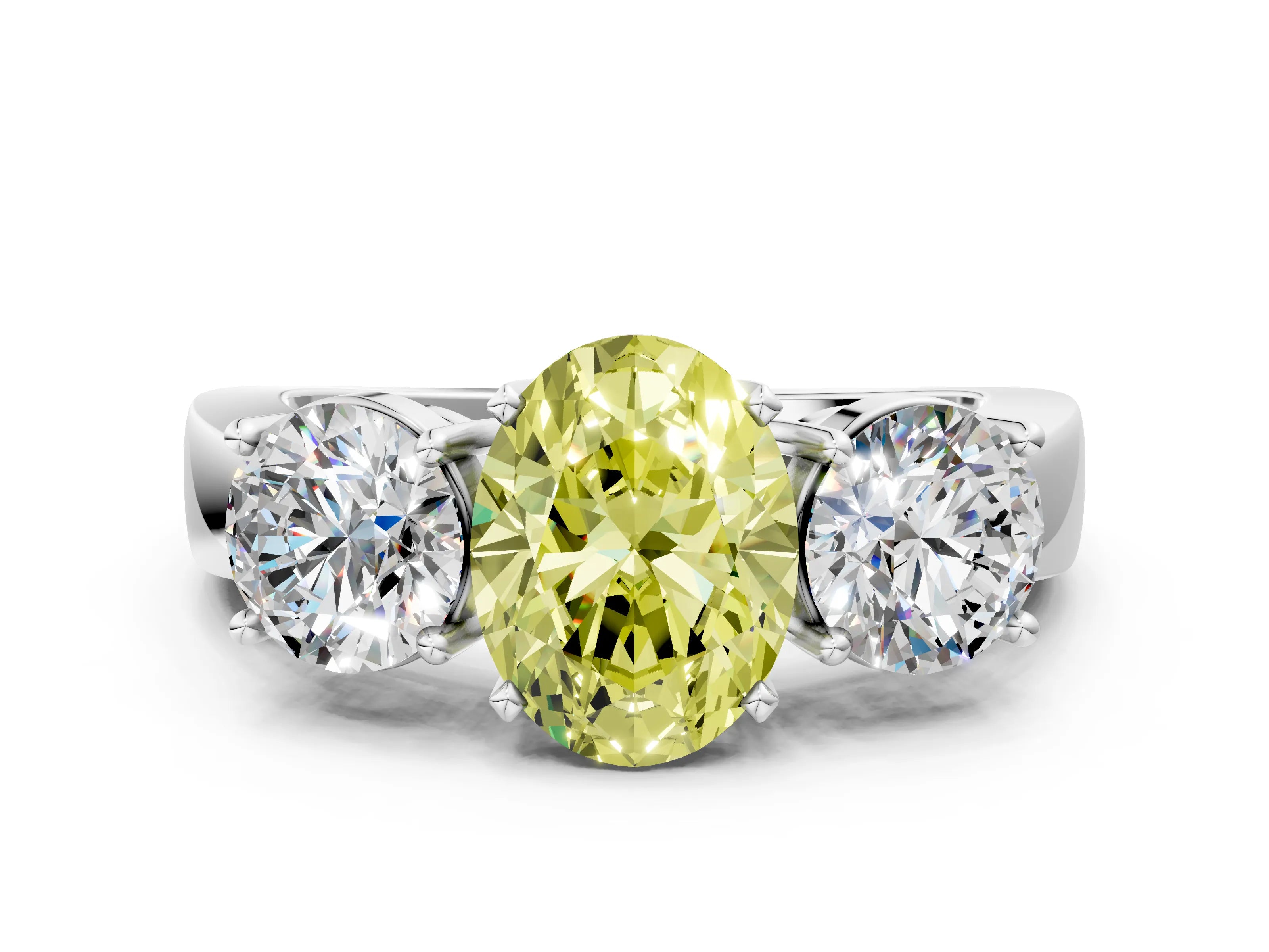 White gold Three-Stone Fancy Yellow Oval Cut Diamond Ring with Round Side Stones, Classic Band, and Four-Prong Setting_12