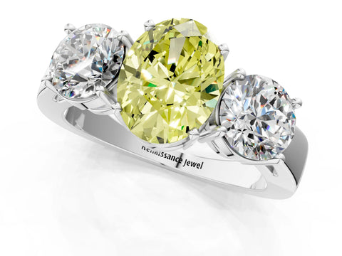 White gold Three-Stone Fancy Yellow Oval Cut Diamond Ring with Round Side Stones, Classic Band, and Four-Prong Setting_13