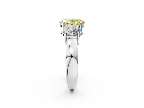 White gold Three-Stone Fancy Yellow Oval Cut Diamond Ring with Round Side Stones, Classic Band, and Four-Prong Setting