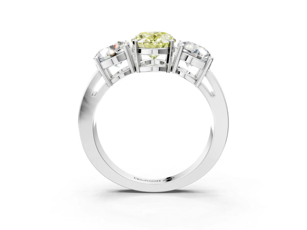 White gold Three-Stone Fancy Yellow Oval Cut Diamond Ring with Round Side Stones, Classic Band, and Four-Prong Setting
