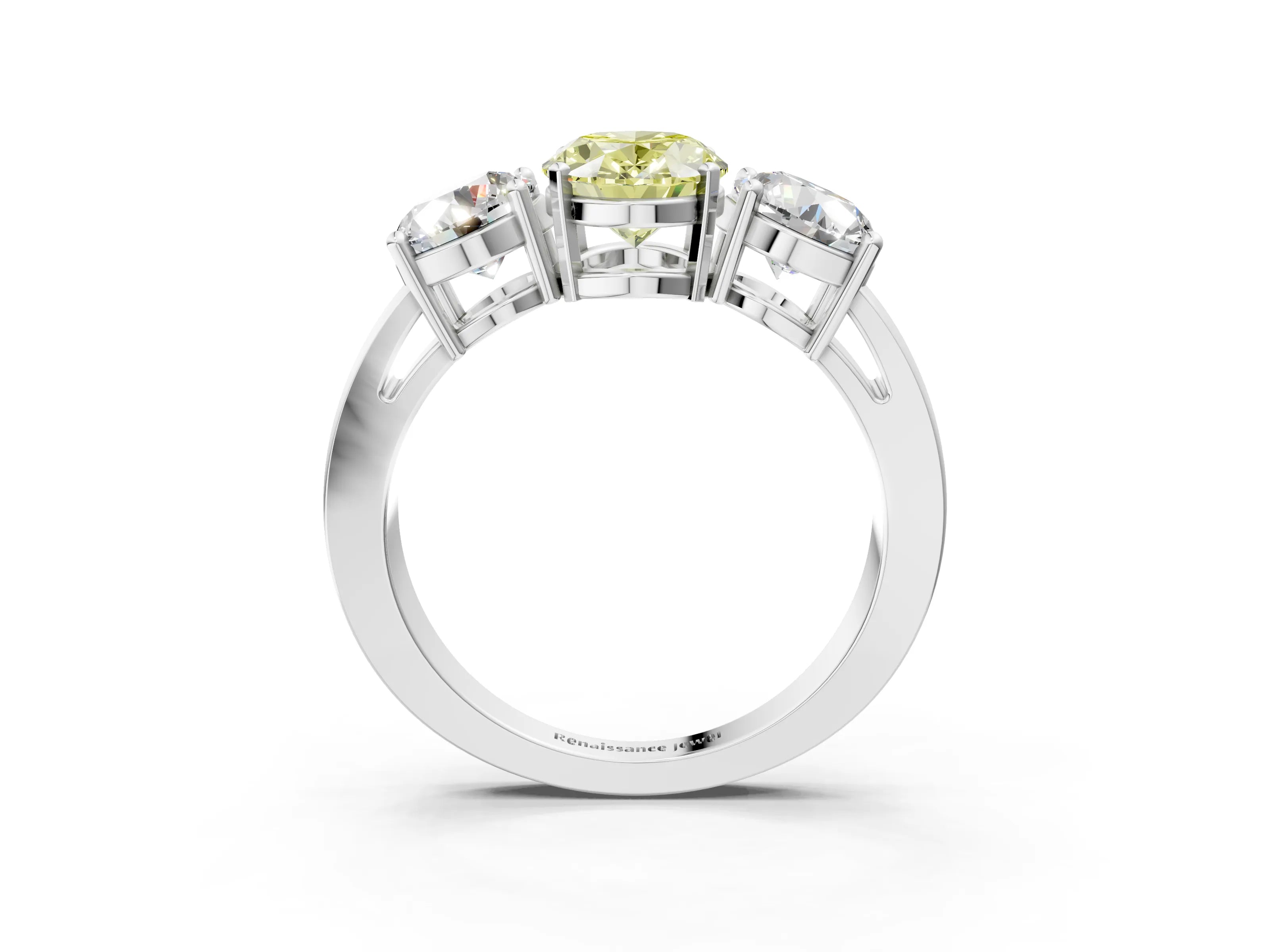 White gold Three-Stone Fancy Yellow Oval Cut Diamond Ring with Round Side Stones, Classic Band, and Four-Prong Setting_15