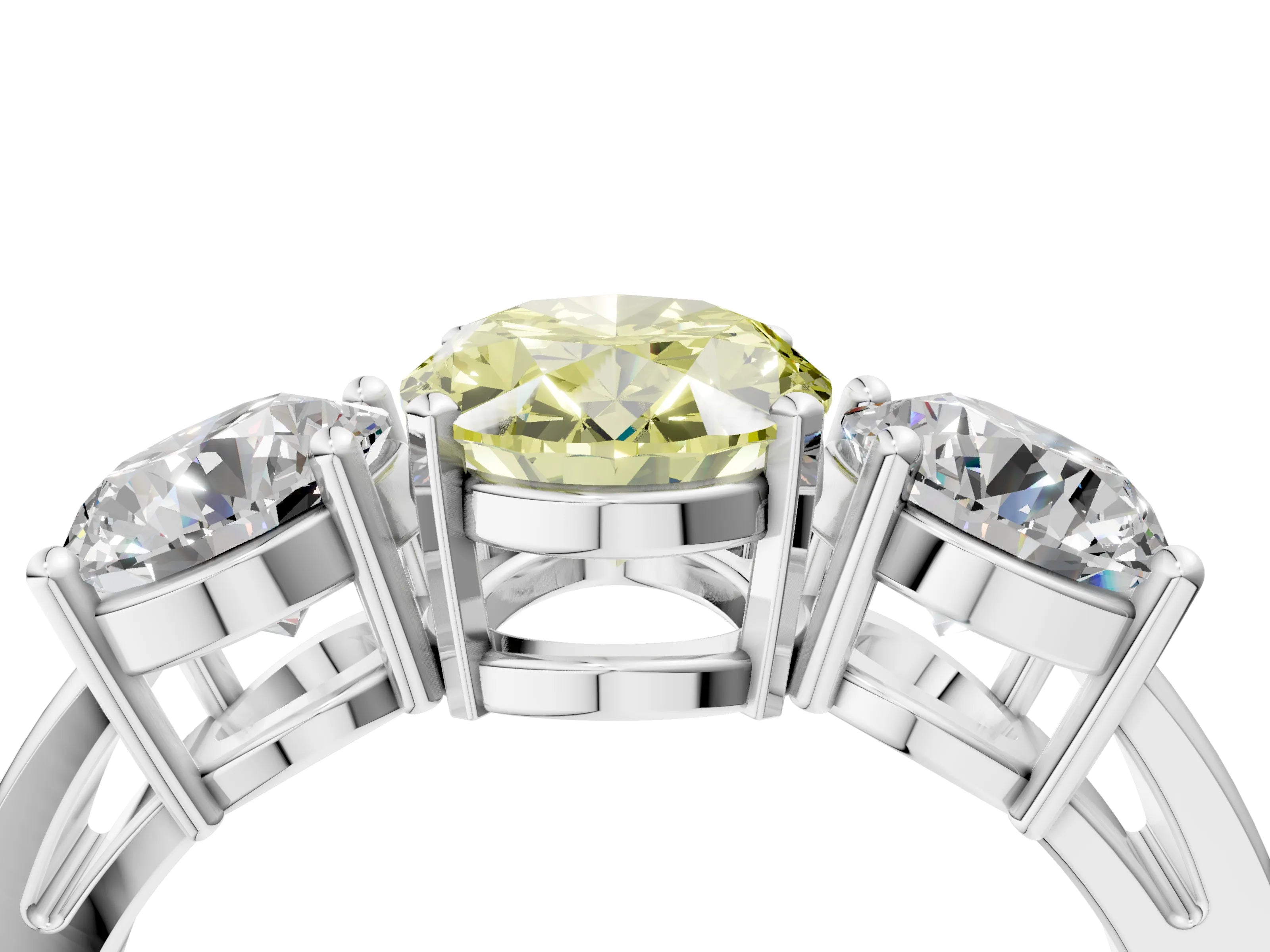 White gold Three-Stone Fancy Yellow Oval Cut Diamond Ring with Round Side Stones, Classic Band, and Four-Prong Setting_16