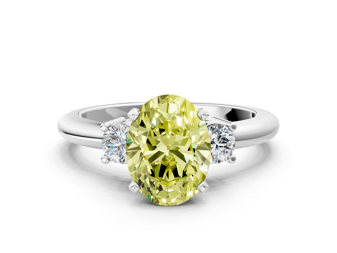 White gold Three-Stone Fancy Yellow Oval  Cut Diamond Solitaire with Prong Setting and Classic Band_58