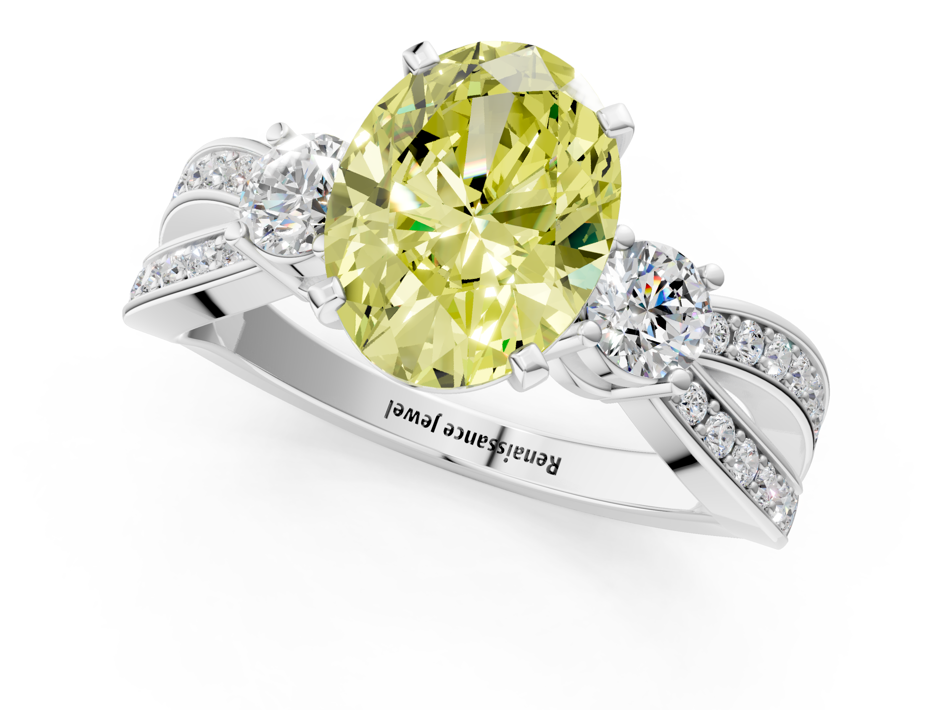 White gold Three-Stone Fancy Yellow Oval  Cut Diamond Twist Band with Prong Setting_51