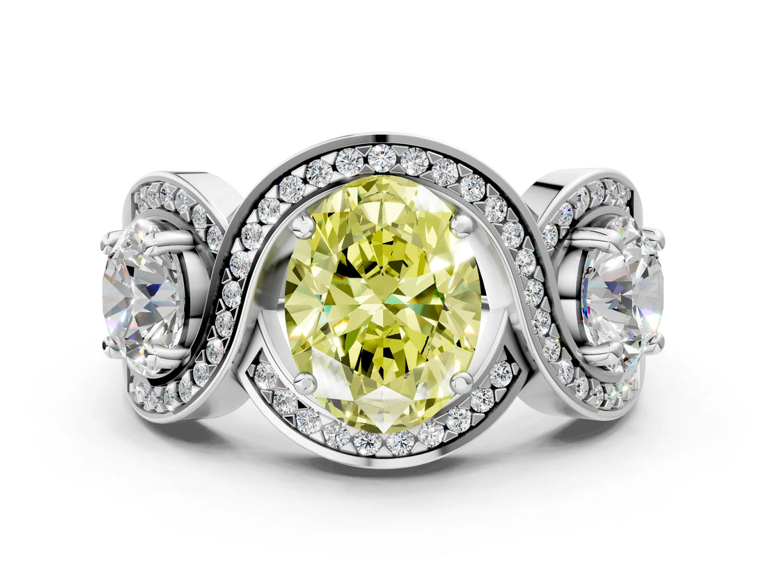 White gold Three-Stone Fancy Yellow Oval Cut Diamond Wave Pave Band with Prong Setting