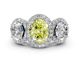 White gold Three-Stone Fancy Yellow Oval Cut Halo Diamond Milgrain Band with Four-Prong Setting