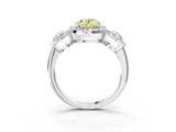 White gold Three-Stone Fancy Yellow Oval Cut Halo Diamond Ring with Pave Band and Four-Prong Setting_3