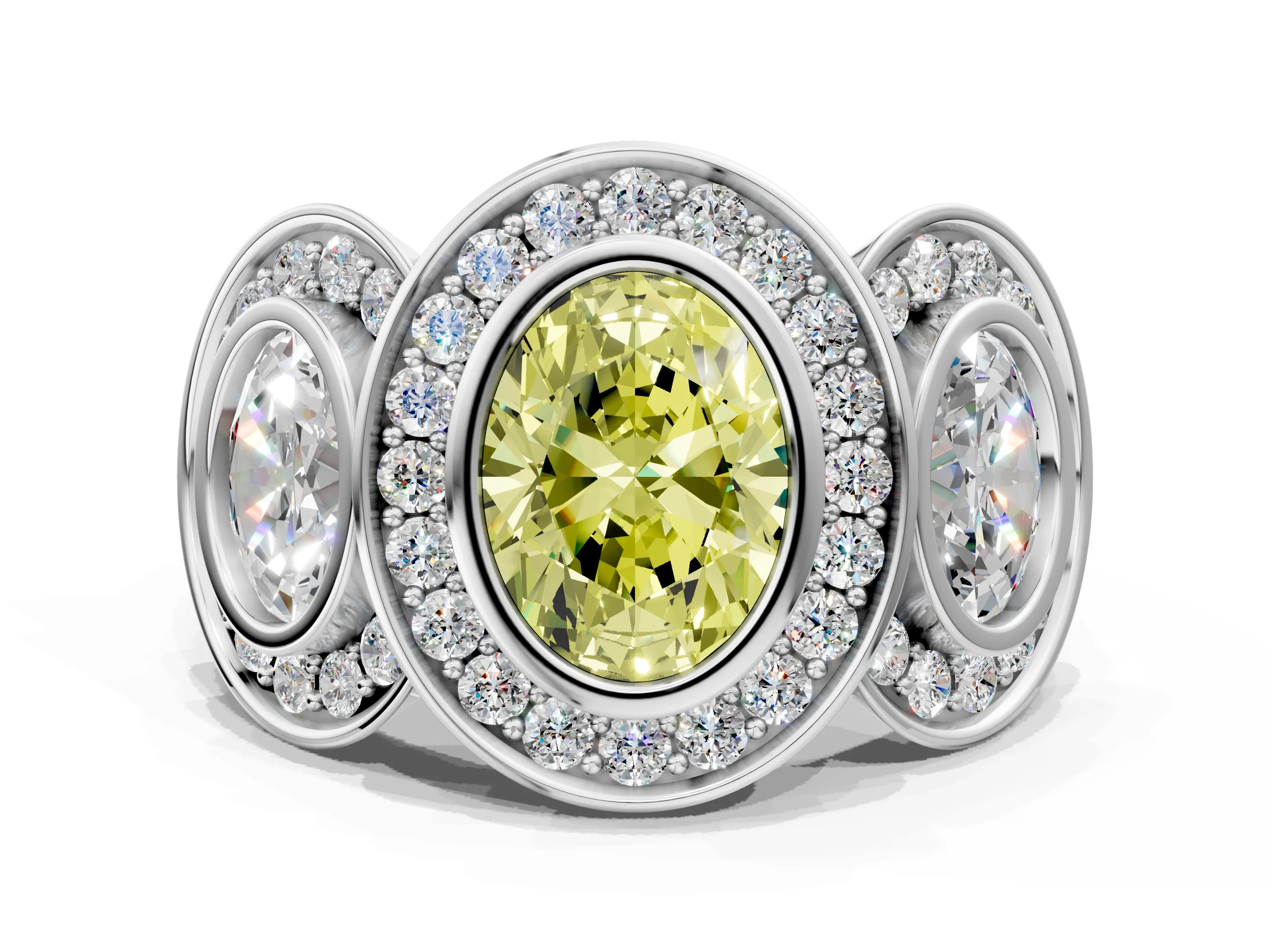 White gold Three-Stone Fancy Yellow Oval Cut Halo Pavé Diamond Ring