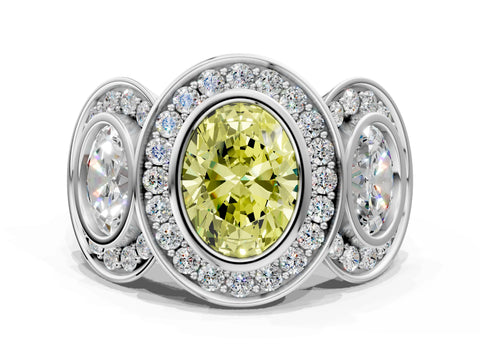 White gold Three-Stone Fancy Yellow Oval Cut Halo Pavé Diamond Ring