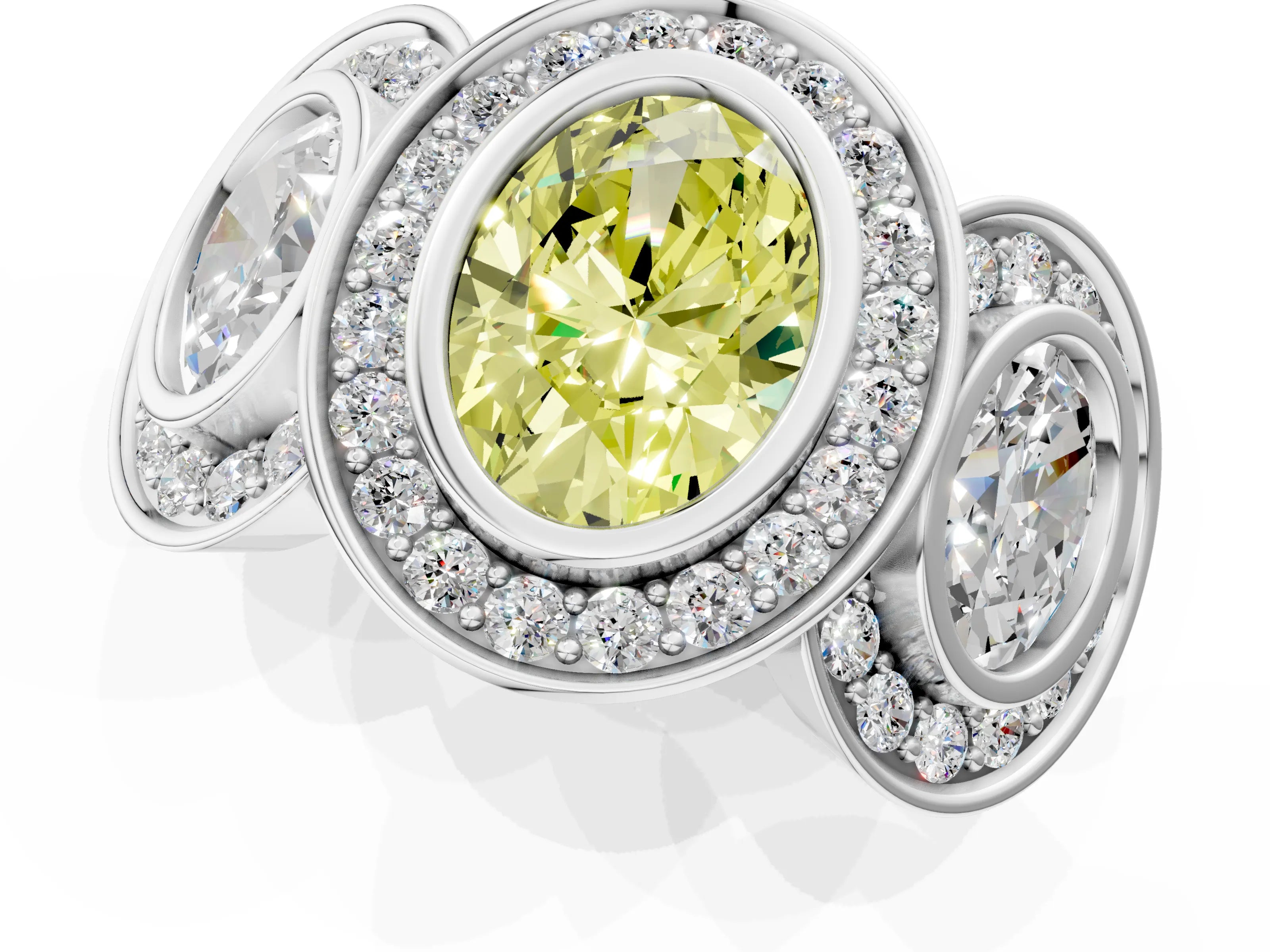 White gold Three-Stone Fancy Yellow Oval Cut Halo Pavé Diamond Ring_1