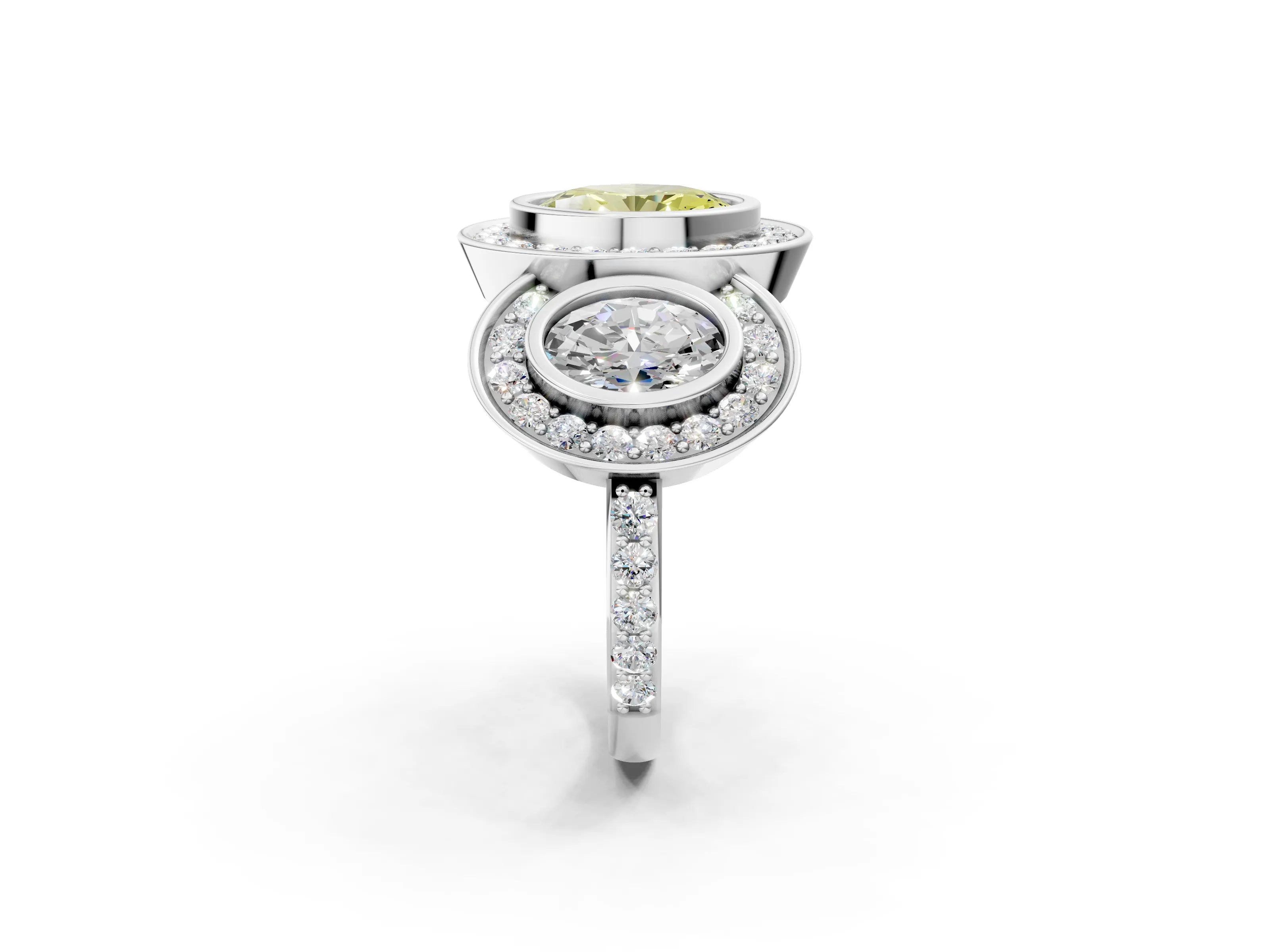 White gold Three-Stone Fancy Yellow Oval Cut Halo Pavé Diamond Ring_2