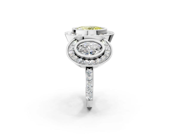 Sterling Silver Oval Bezel Three Stone Halo Engagement Ring Setting for Fancy Yellow Center
