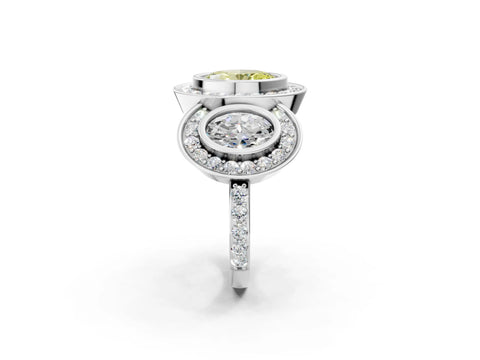 White gold Three-Stone Fancy Yellow Oval Cut Halo Pavé Diamond Ring_2