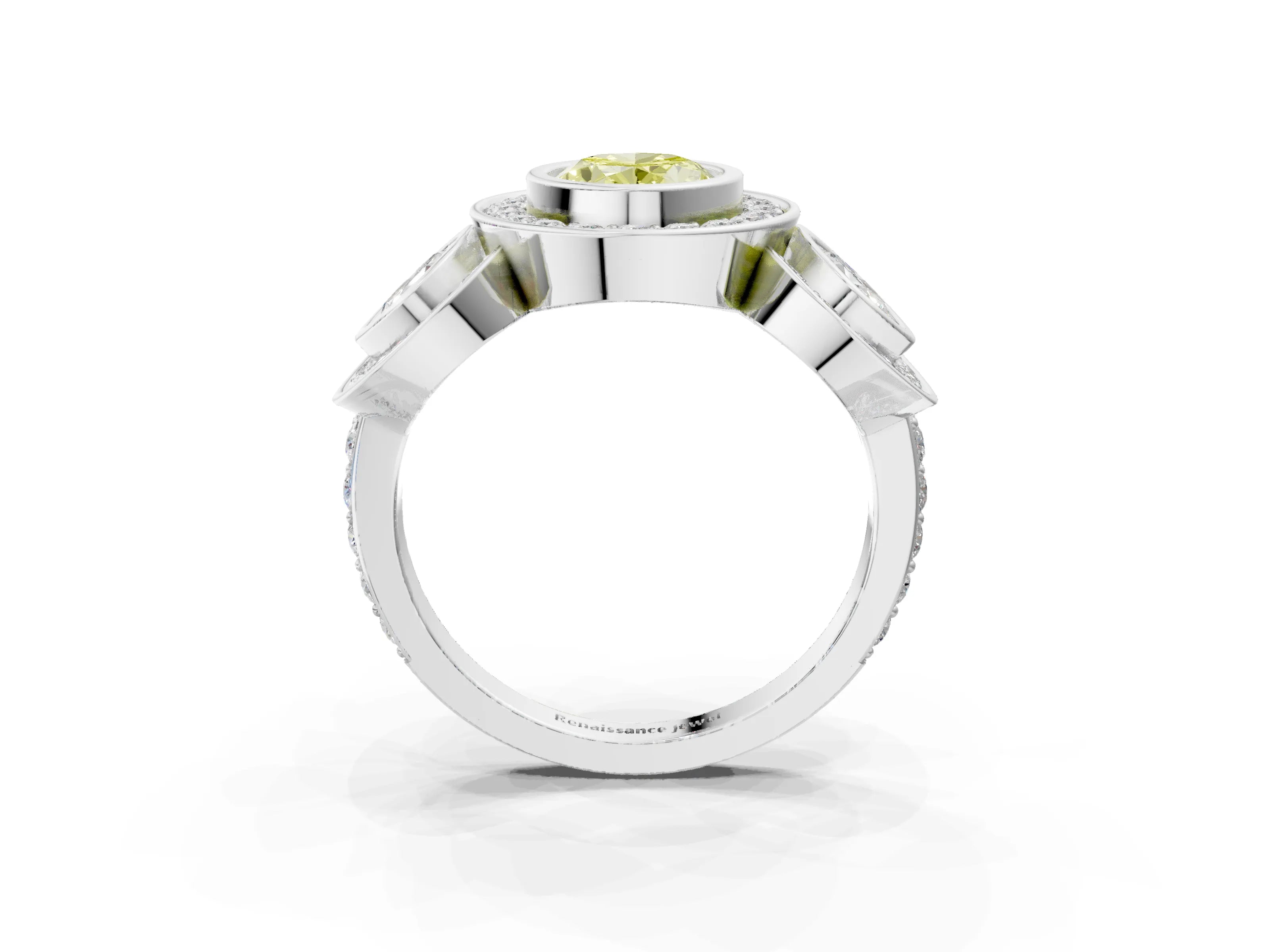 White gold Three-Stone Fancy Yellow Oval Cut Halo Pavé Diamond Ring_3