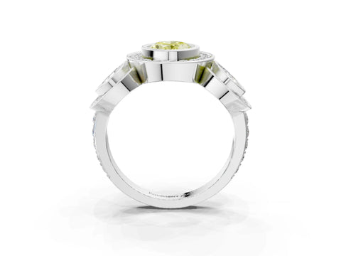 White gold Three-Stone Fancy Yellow Oval Cut Halo Pavé Diamond Ring_3