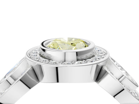 White gold Three-Stone Fancy Yellow Oval Cut Halo Pavé Diamond Ring_4
