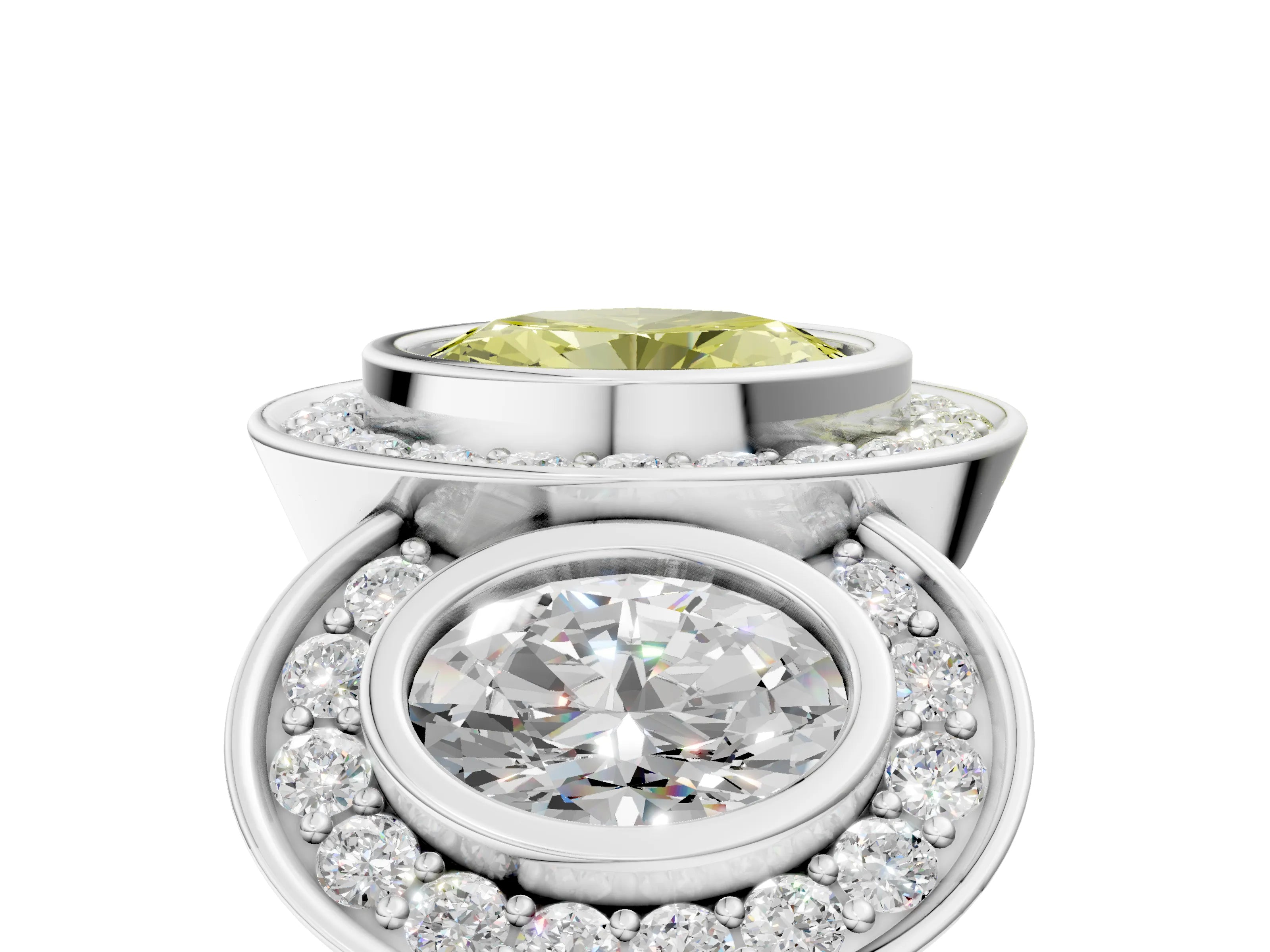White gold Three-Stone Fancy Yellow Oval Cut Halo Pavé Diamond Ring_5