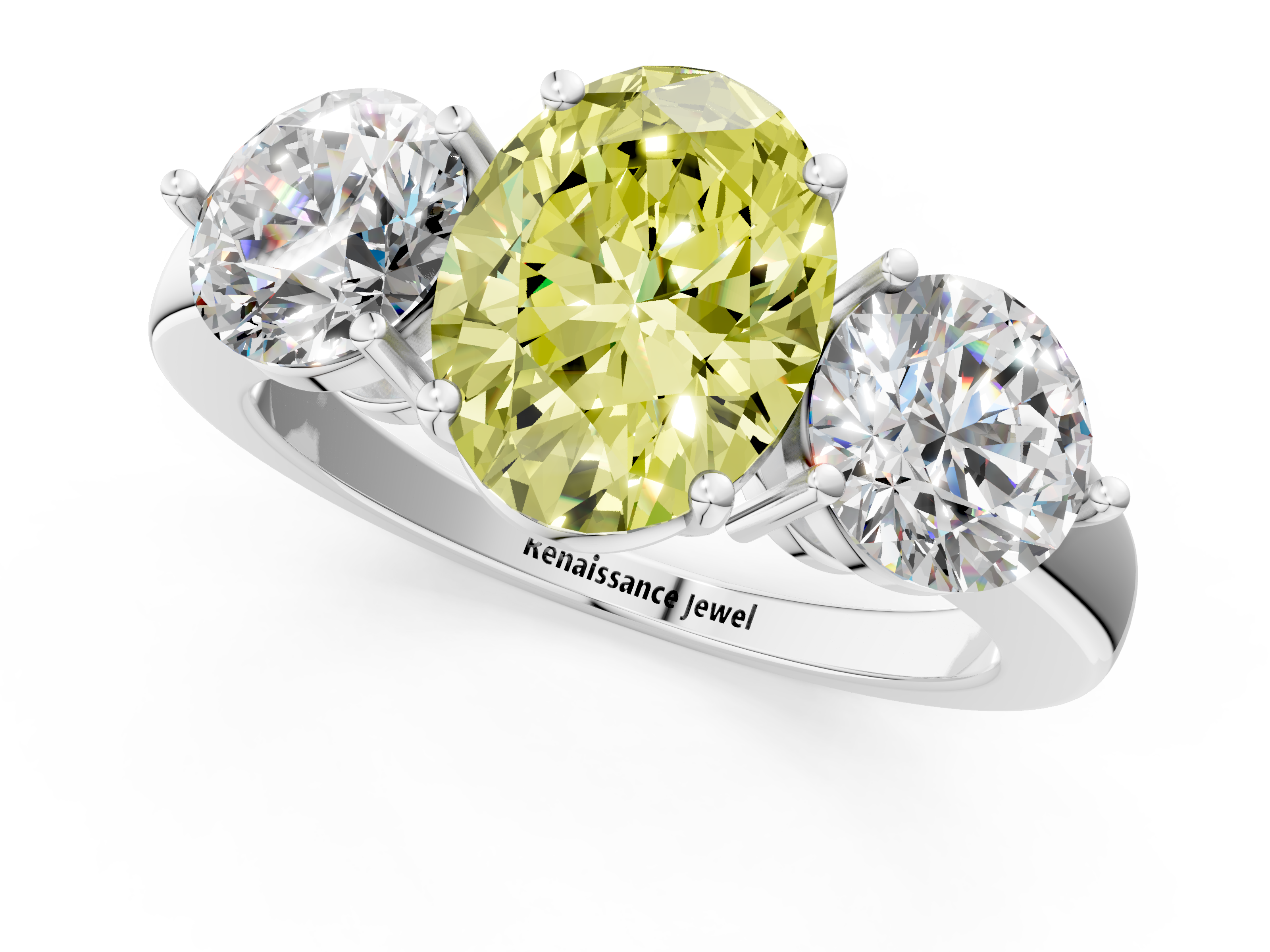 White gold Three-Stone Fancy Yellow Oval  Cut Solitaire Ring with Prong Setting on a Classic Band_67