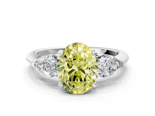 Platinum Three-Stone Fancy Yellow Oval Cut Diamond Ring with Pear Side Stones and Four-Prong Setting