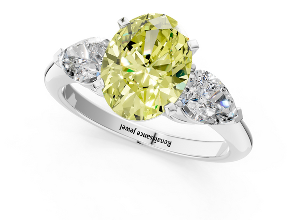 Platinum Three-Stone Fancy Yellow Oval Cut Diamond Ring with Pear Side Stones and Four-Prong Setting