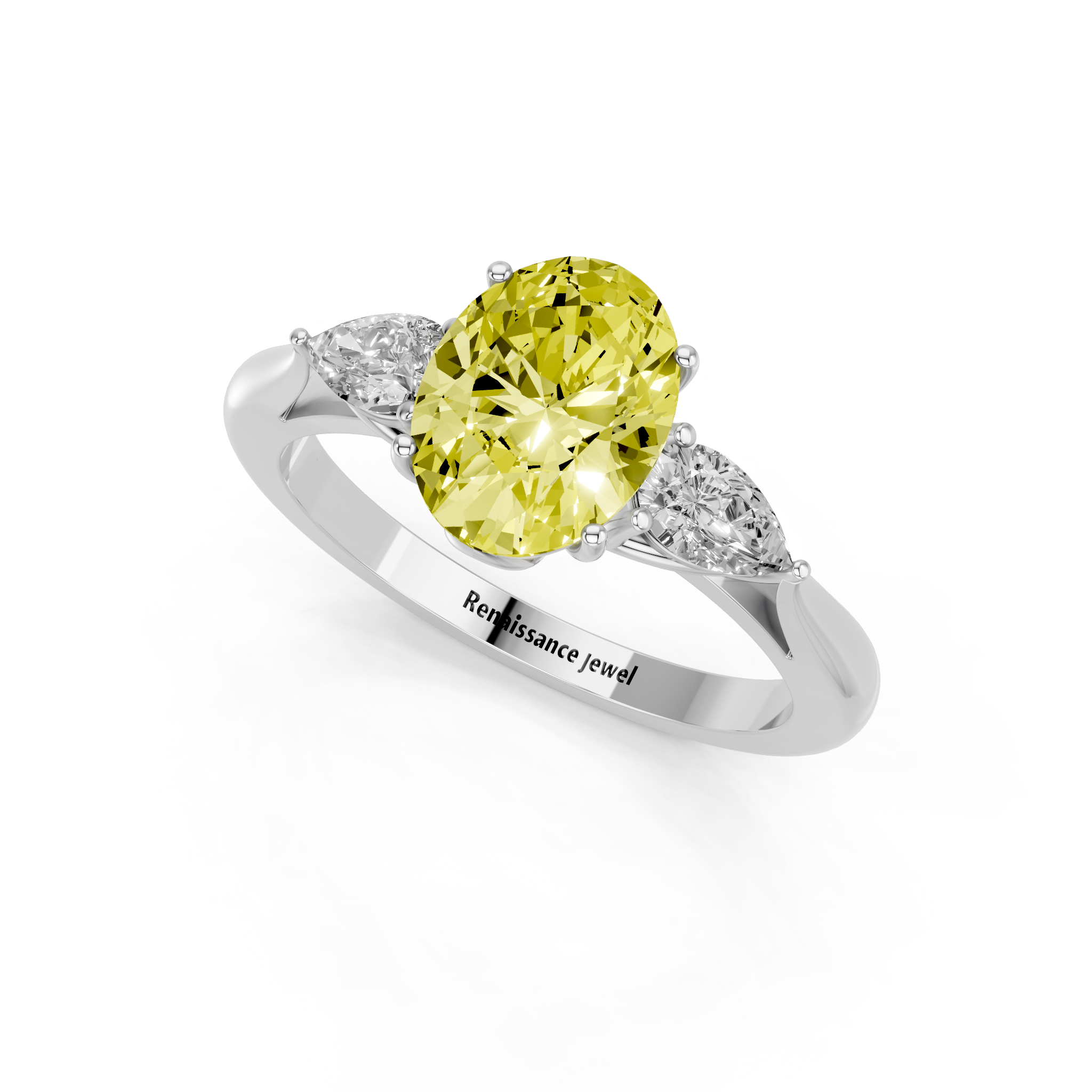 White gold Three-Stone Fancy Yellow Oval  Diamond Solitaire Ring with Pear Side Stones and Four-Prong Setting_3