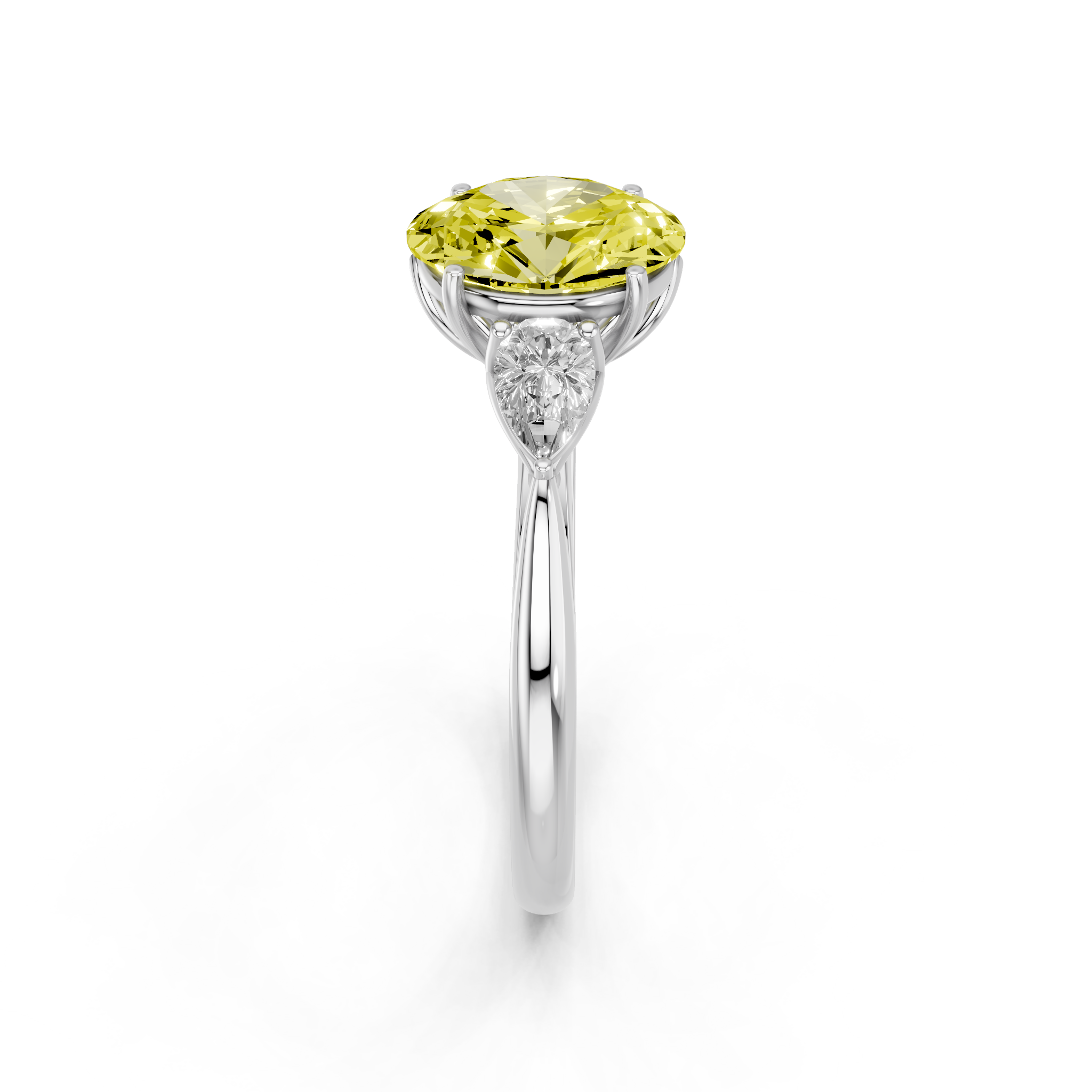 White gold Three-Stone Fancy Yellow Oval  Diamond Solitaire Ring with Pear Side Stones and Four-Prong Setting_4