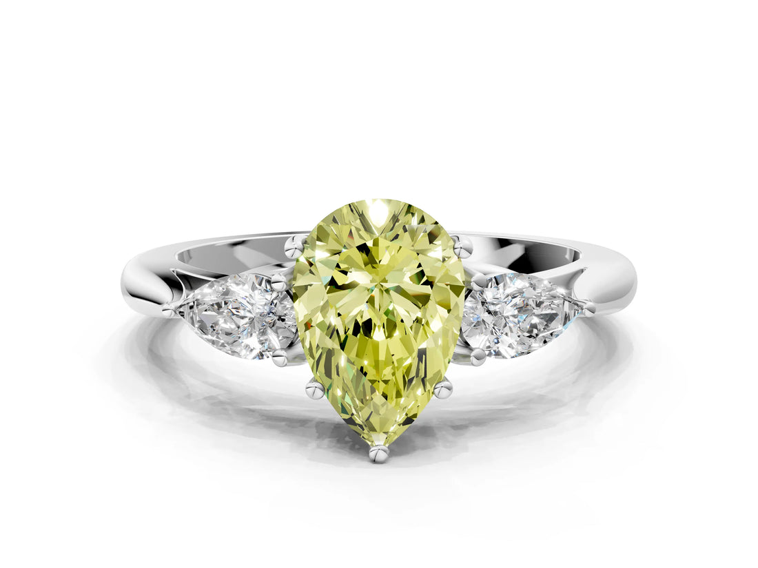 White gold Three-Stone Fancy Yellow Pear Cut Brilliant Diamond Solitaire Ring with Tapered Band and Four-Prong Setting_31
