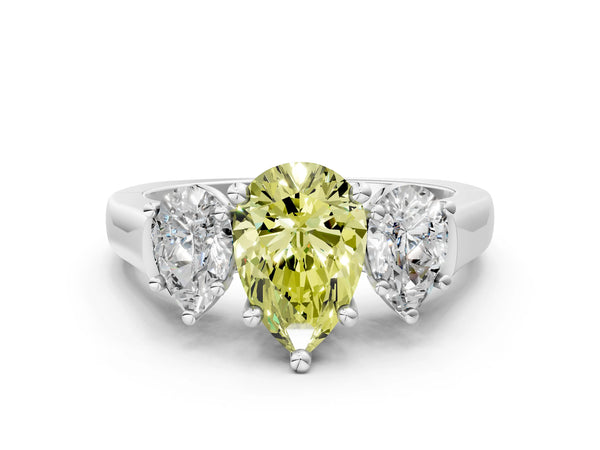 Platinum Three-Stone Fancy Yellow Pear Cut Brilliant Diamond Trellis Ring with Comfort Fit Band