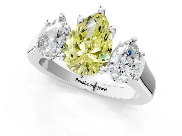 Platinum Three-Stone Fancy Yellow Pear Cut Brilliant Diamond Trellis Ring with Comfort Fit Band