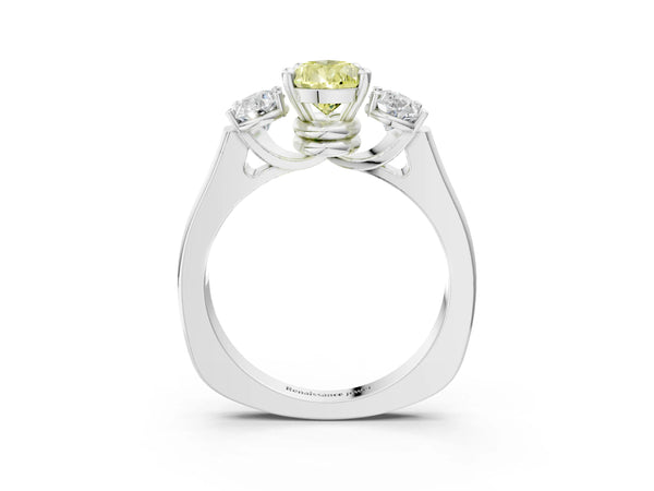 Platinum Three-Stone Fancy Yellow Pear Cut Brilliant Diamond Trellis Ring with Comfort Fit Band