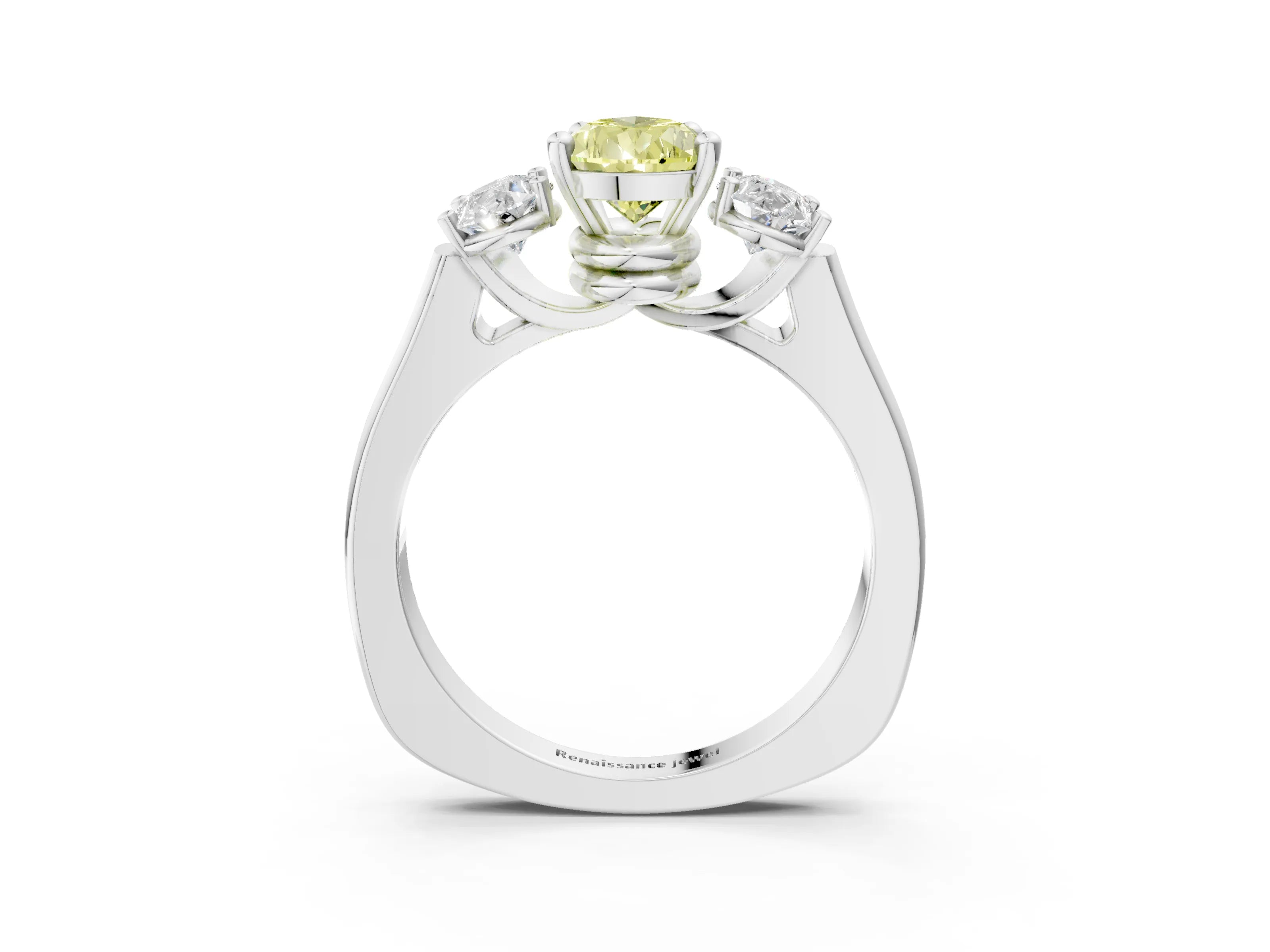 White gold Three-Stone Fancy Yellow Pear Cut Brilliant Diamond Trellis Ring with Comfort Fit Band_15