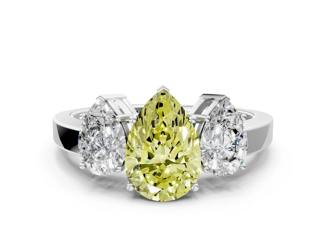 White gold Three-Stone Fancy Yellow Pear Cut Cut Diamond Engagement Ring with Flat Band and Four-Prong Setting_13