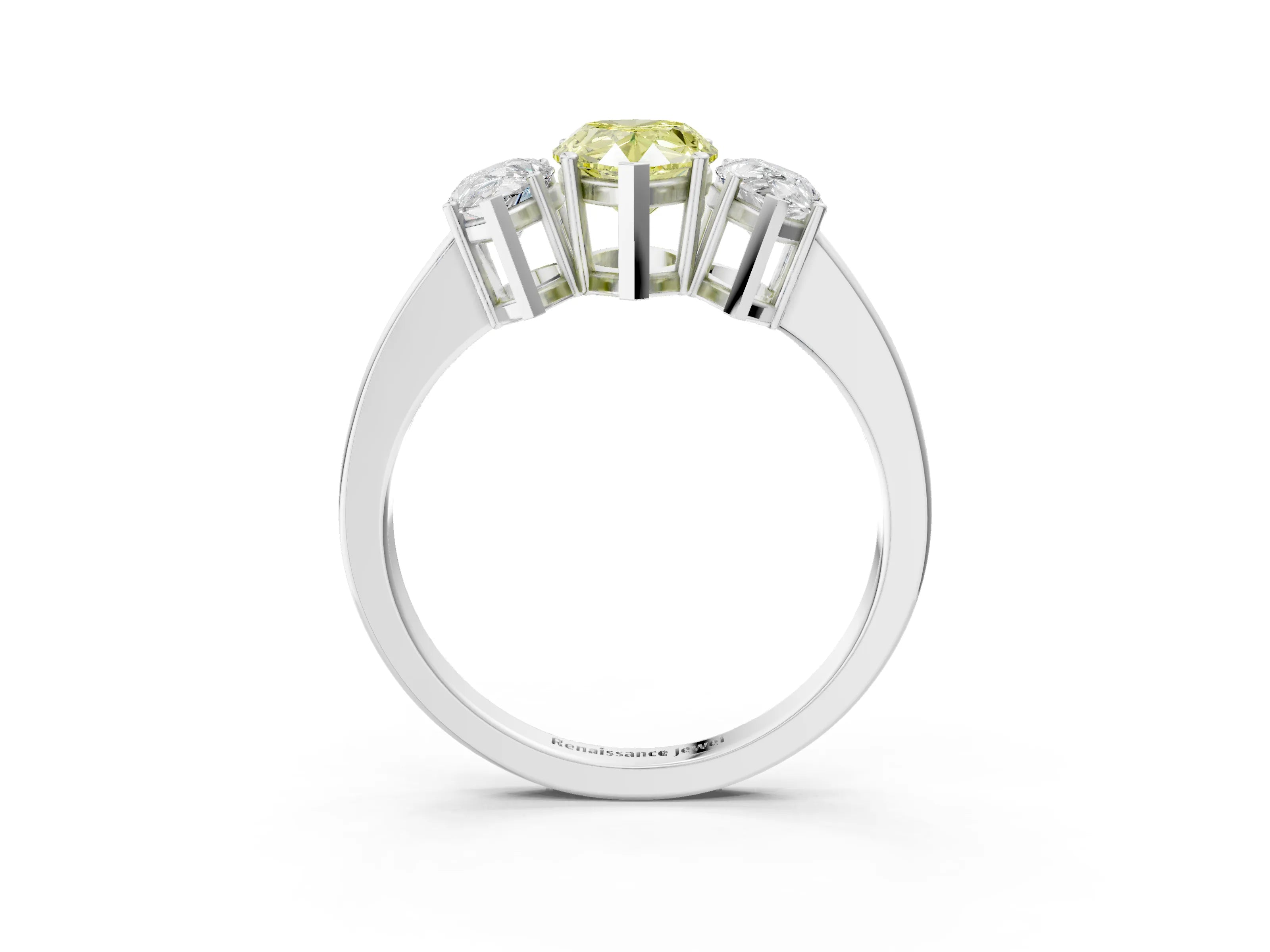 White gold Three-Stone Fancy Yellow Pear Cut Cut Diamond Engagement Ring with Flat Band and Four-Prong Setting_3