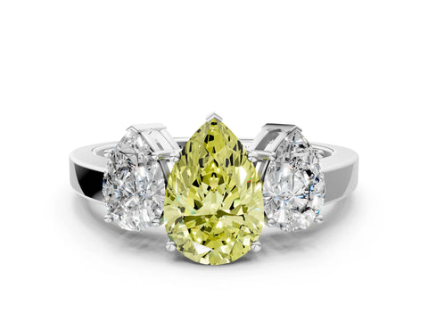 White gold Three-Stone Fancy Yellow Pear Cut Cut Diamond Engagement Ring with Flat Band and Four-Prong Setting