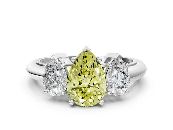 White gold Three-Stone Fancy Yellow Pear Cut Cut Diamond Engagement Ring with Prong Setting on a White Gold Band