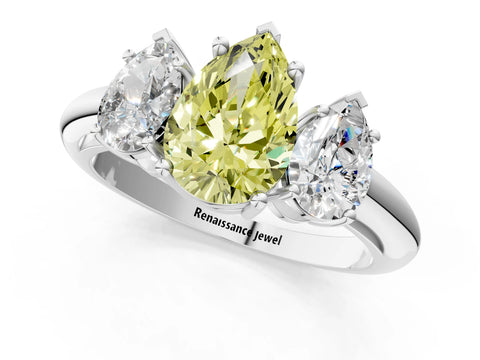 White gold Three-Stone Fancy Yellow Pear Cut Cut Diamond Engagement Ring with Prong Setting on a White Gold Band_13