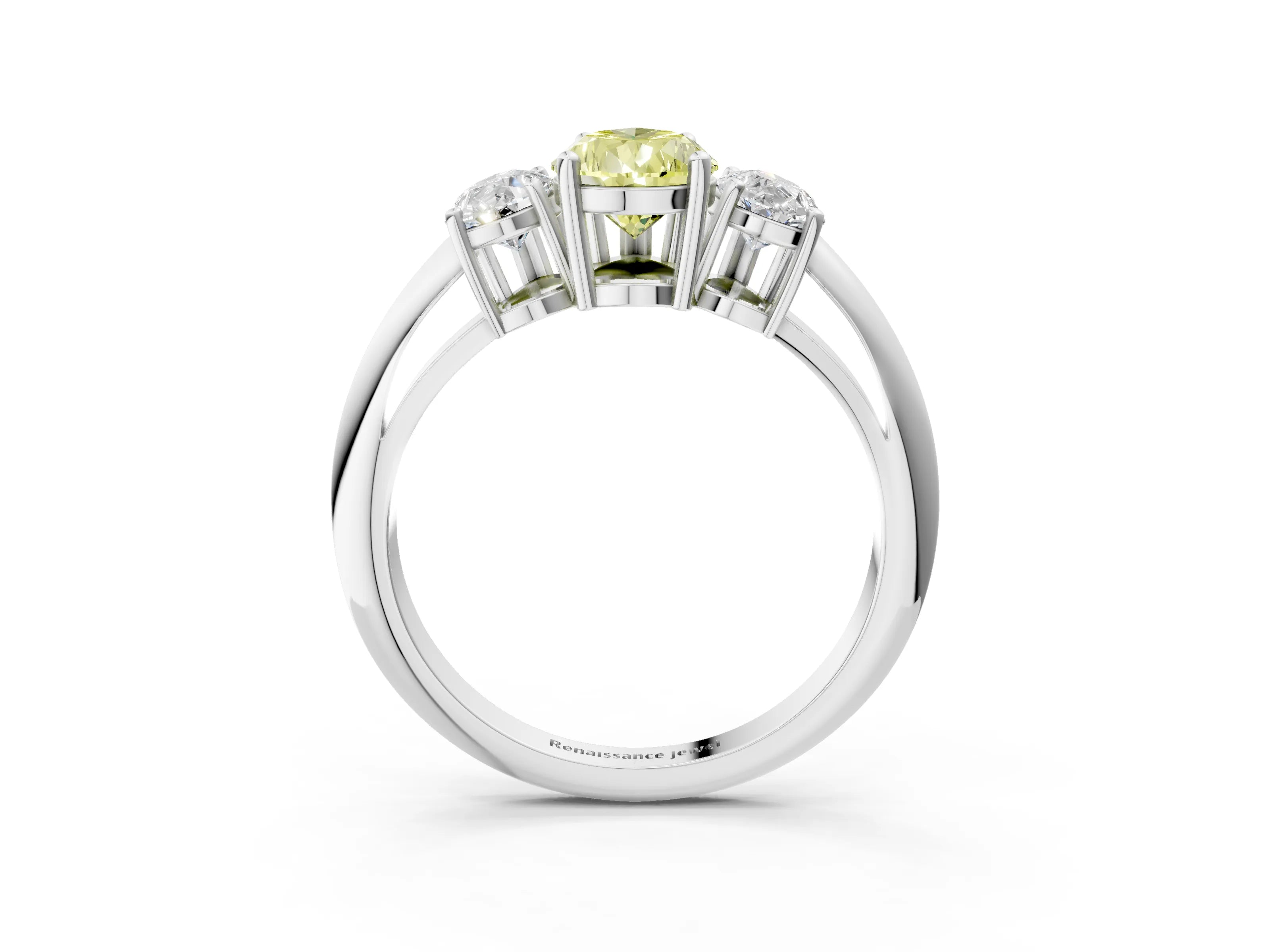 White gold Three-Stone Fancy Yellow Pear Cut Cut Diamond Engagement Ring with Prong Setting on a White Gold Band_15