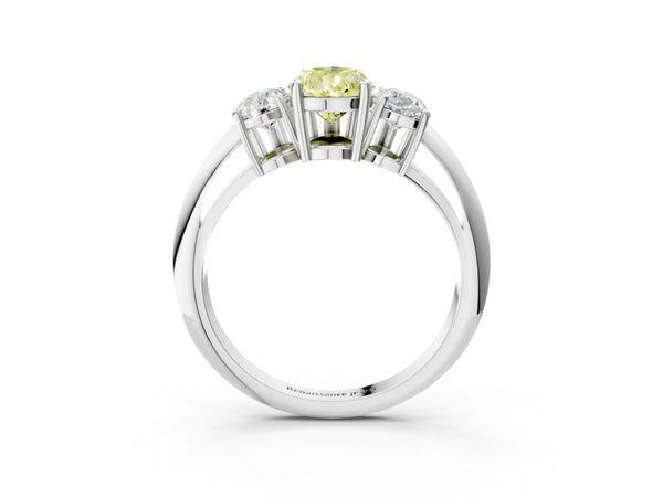 White gold Three-Stone Fancy Yellow Pear Cut Cut Diamond Engagement Ring with Prong Setting on a White Gold Band