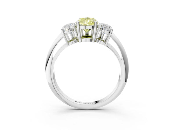 White gold Three-Stone Fancy Yellow Pear Cut Cut Diamond Engagement Ring with Prong Setting on a White Gold Band