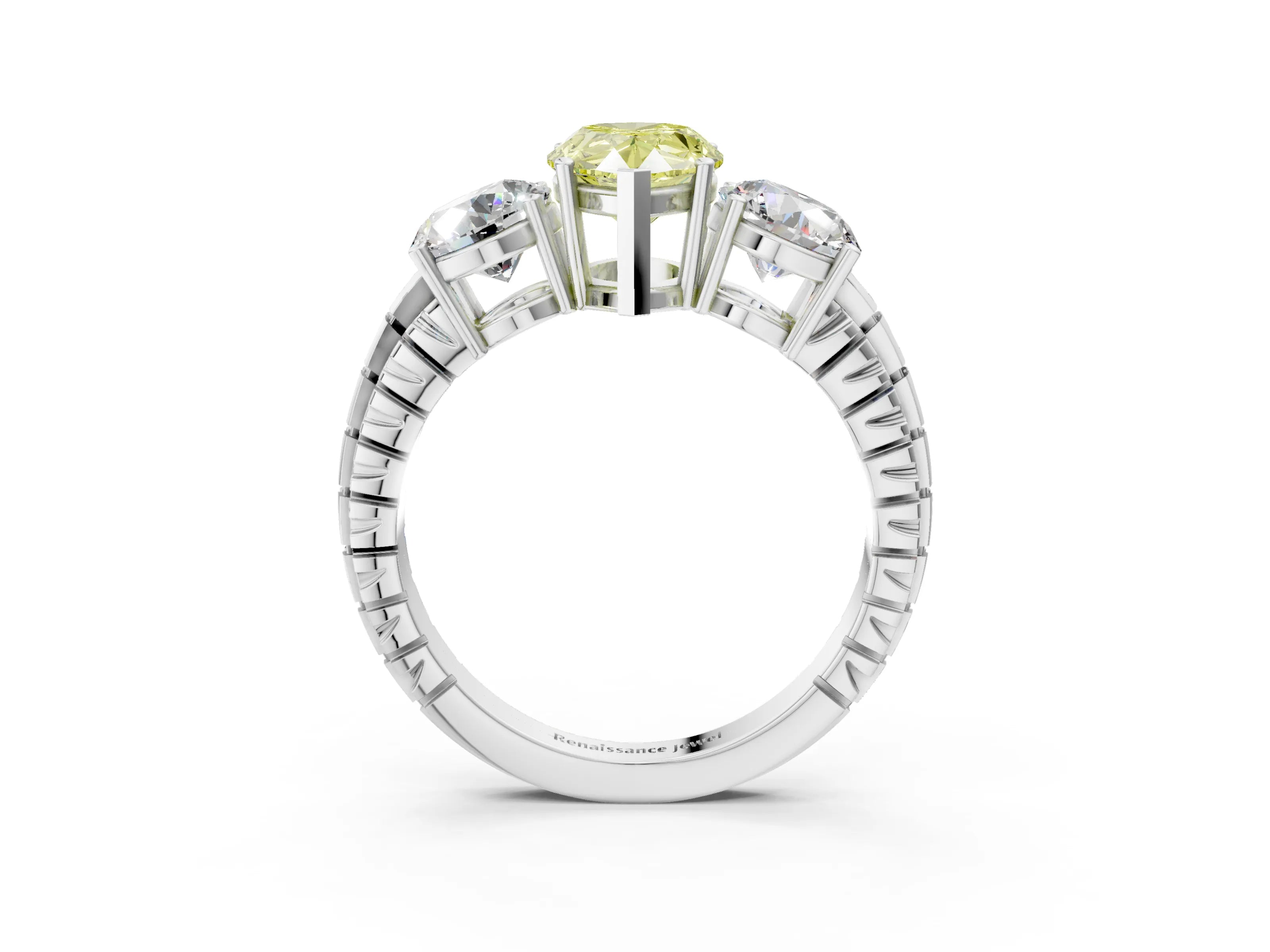White gold Three-Stone Fancy Yellow Pear Cut Cut Diamond Ring with Channel-Set Band and Prong Setting_15