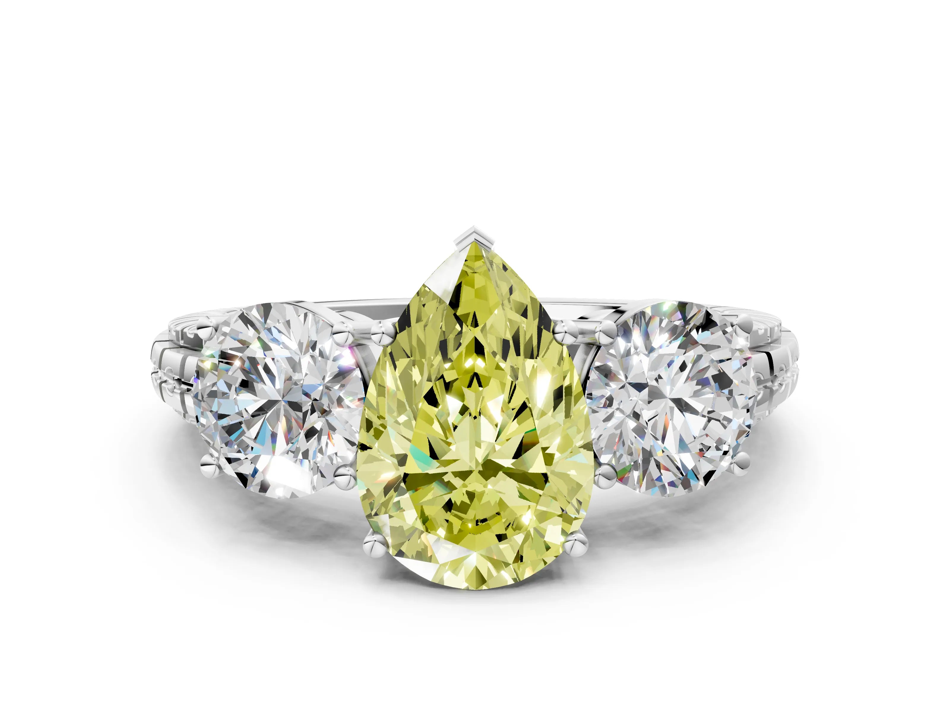 White gold Three-Stone Fancy Yellow Pear Cut Cut Diamond Ring with Channel-Set Band and Prong Setting