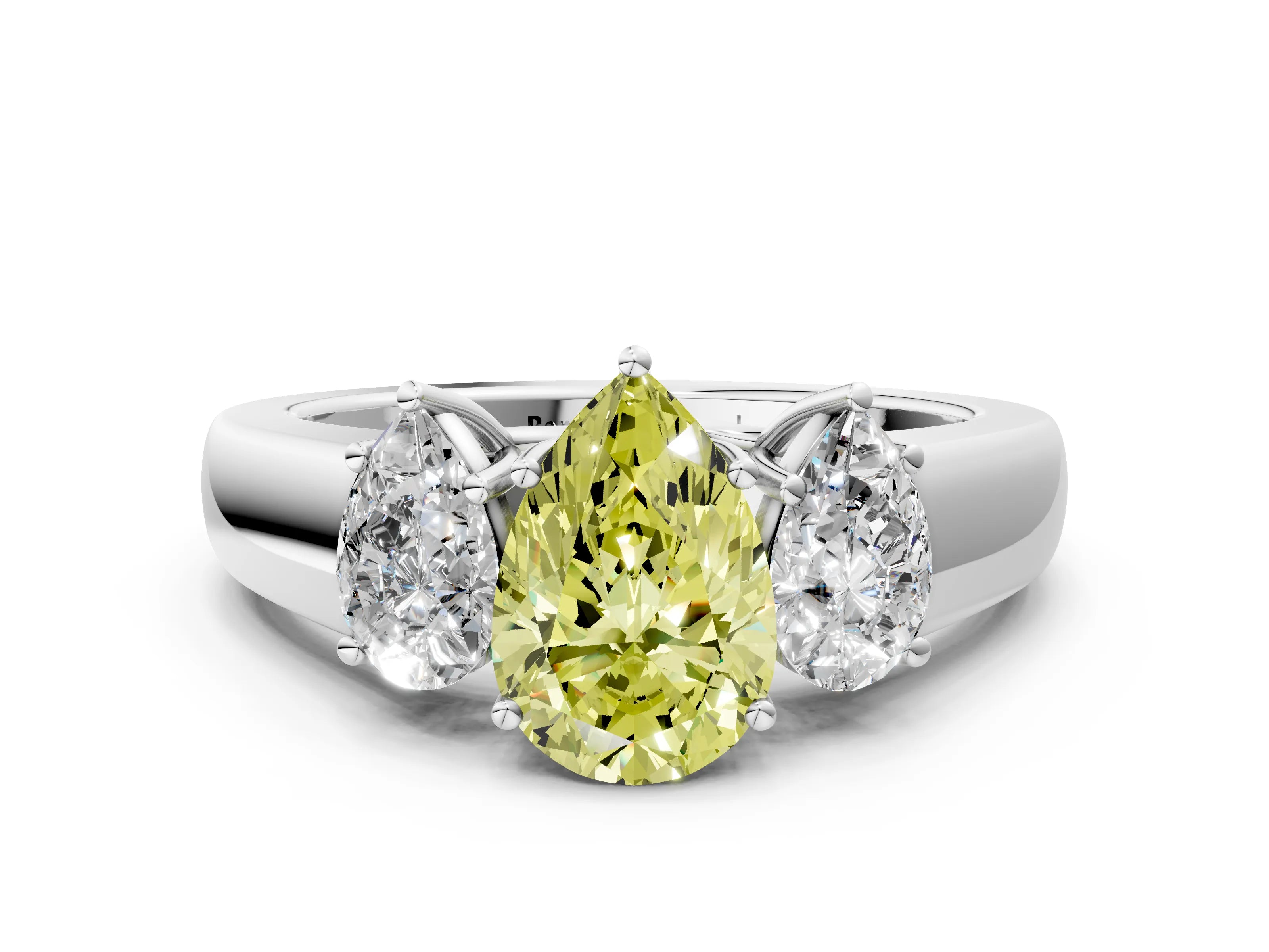 White gold Three-Stone Fancy Yellow Pear Cut Cut Diamond Ring with Prong Setting and Classic Band