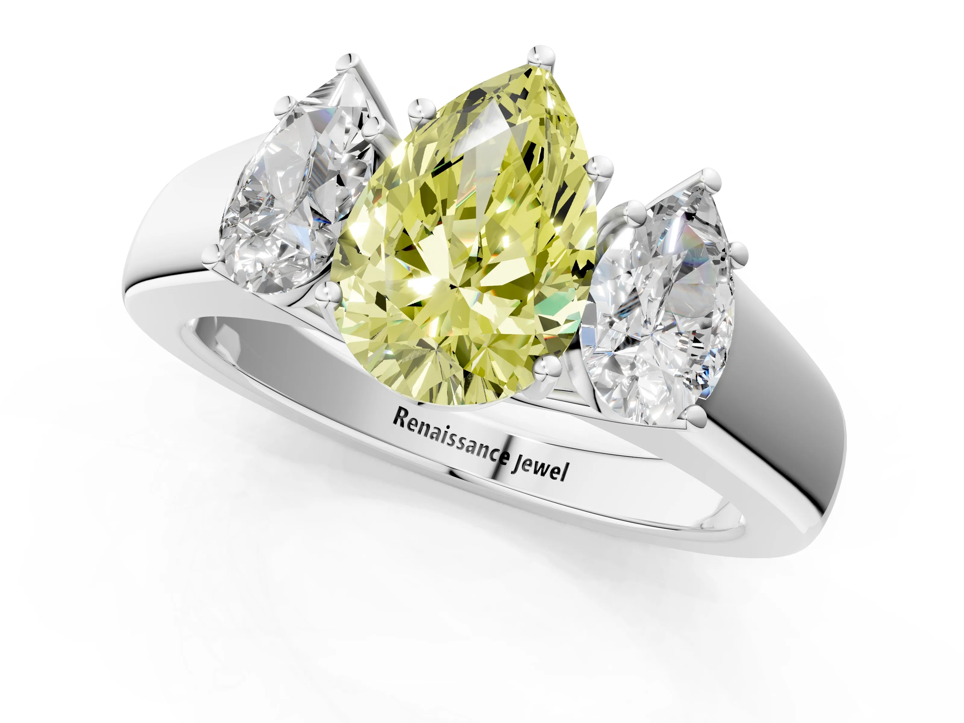 White gold Three-Stone Fancy Yellow Pear Cut Cut Diamond Ring with Prong Setting and Classic Band_1