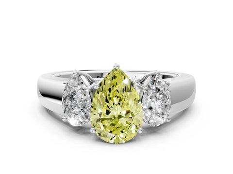 White gold Three-Stone Fancy Yellow Pear Cut Cut Diamond Ring with Prong Setting and Classic Band