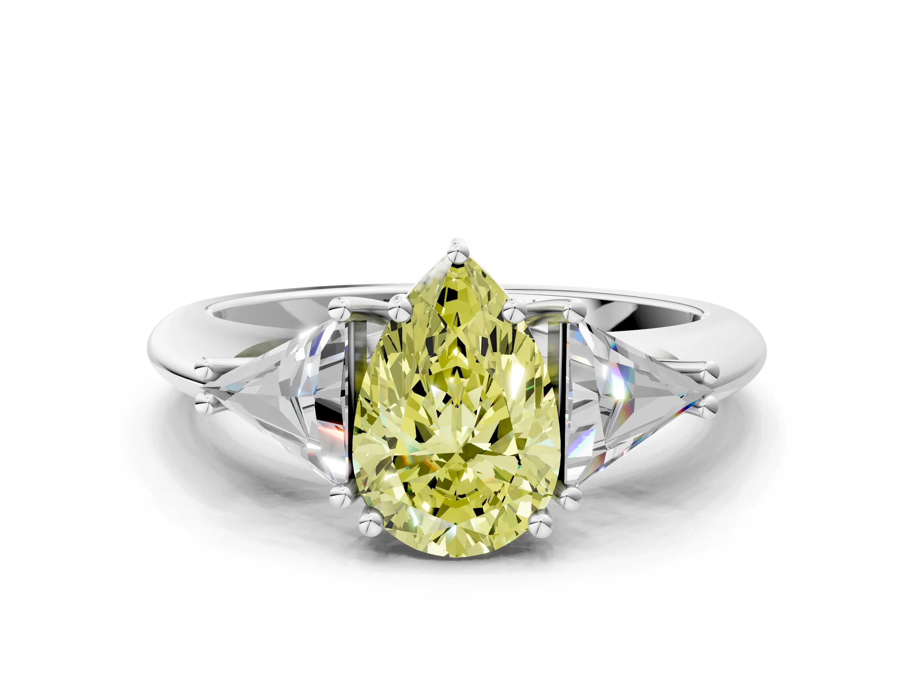 White gold Three-Stone Fancy Yellow Pear Cut Cut Diamond Ring with Trillion Side Stones and Four-Prong Setting_11