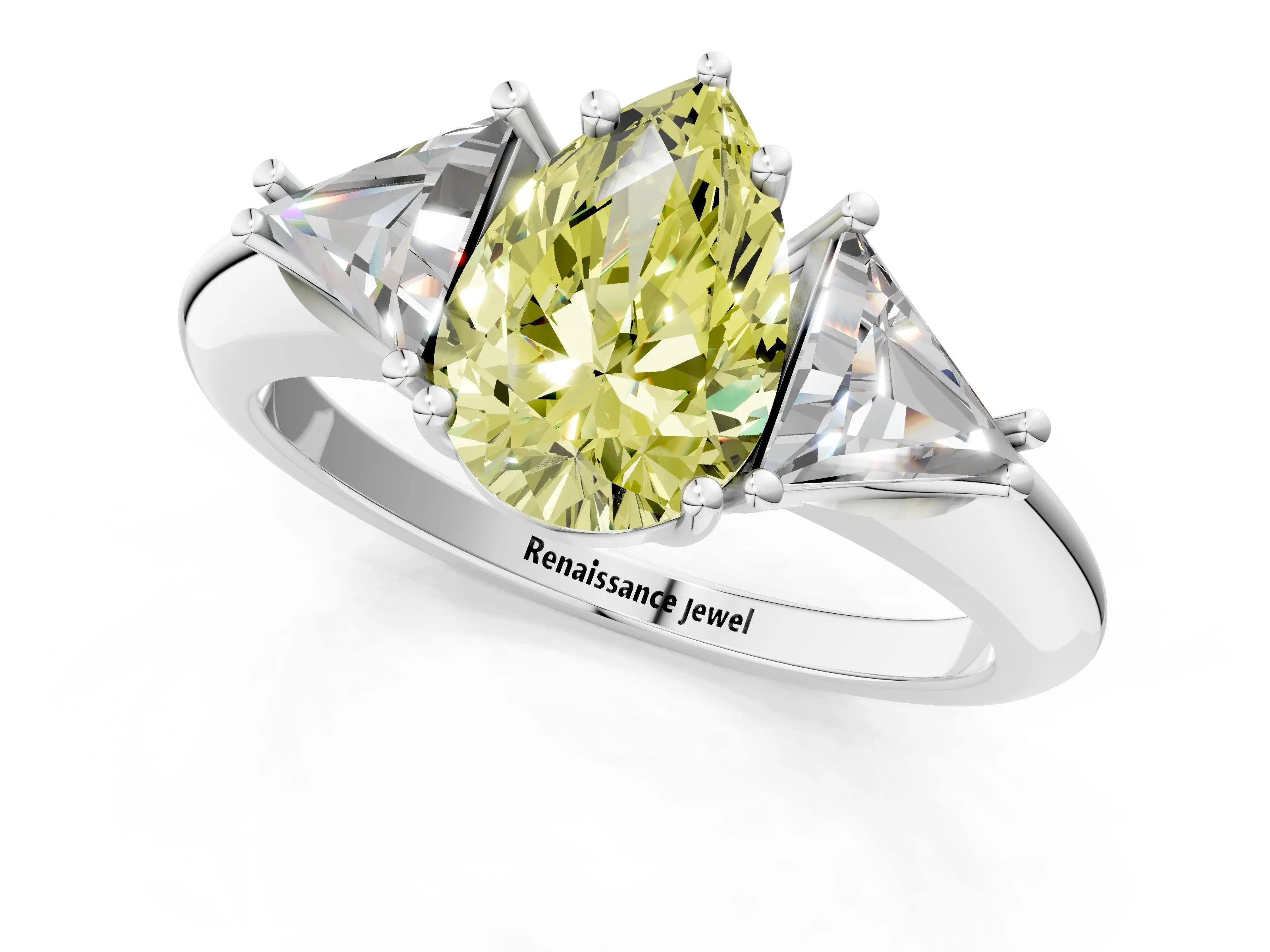 White gold Three-Stone Fancy Yellow Pear Cut Cut Diamond Ring with Trillion Side Stones and Four-Prong Setting_12